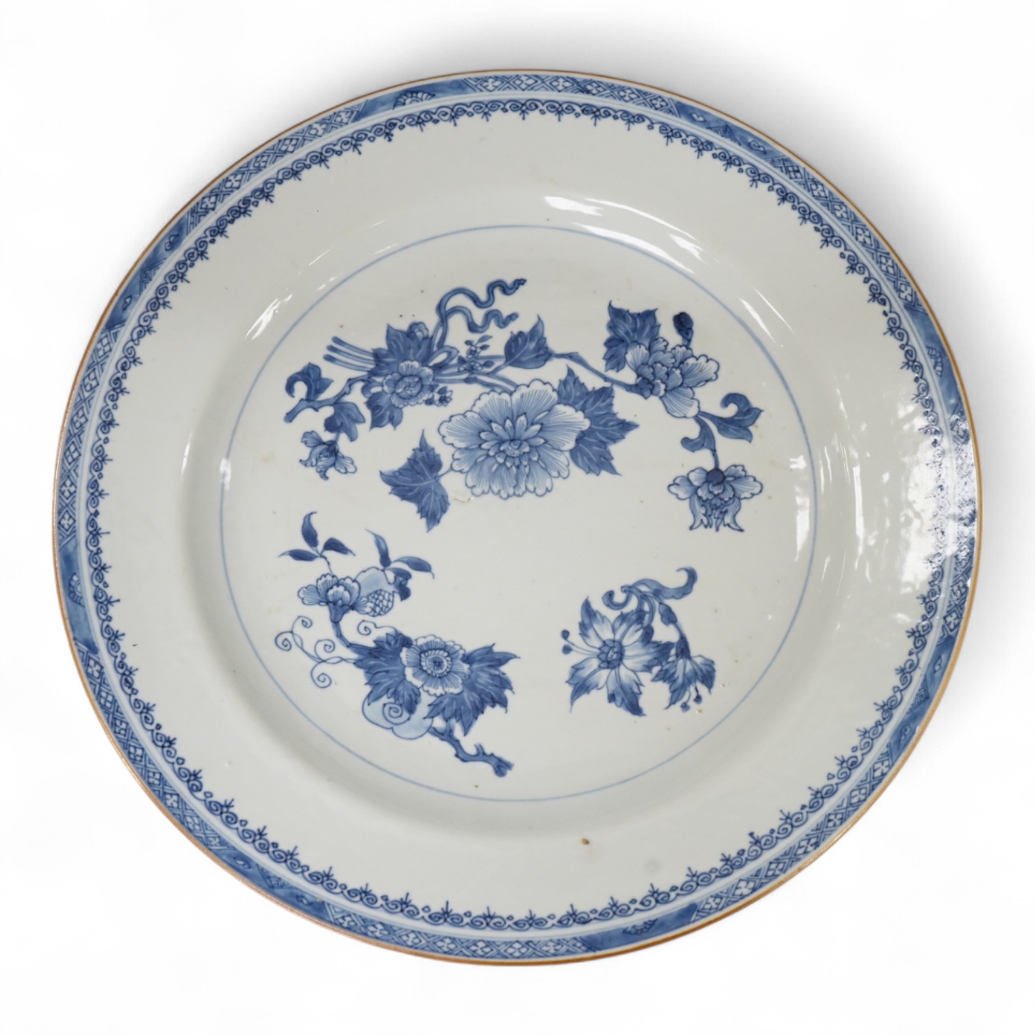 An 18th century Chinese blue and white export dish, 35cm diameter